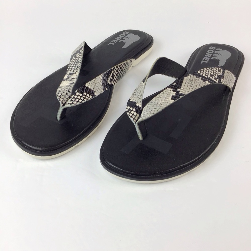 Sorel Ella ll Black & Gray Python Print Leather Flip Flop | 8